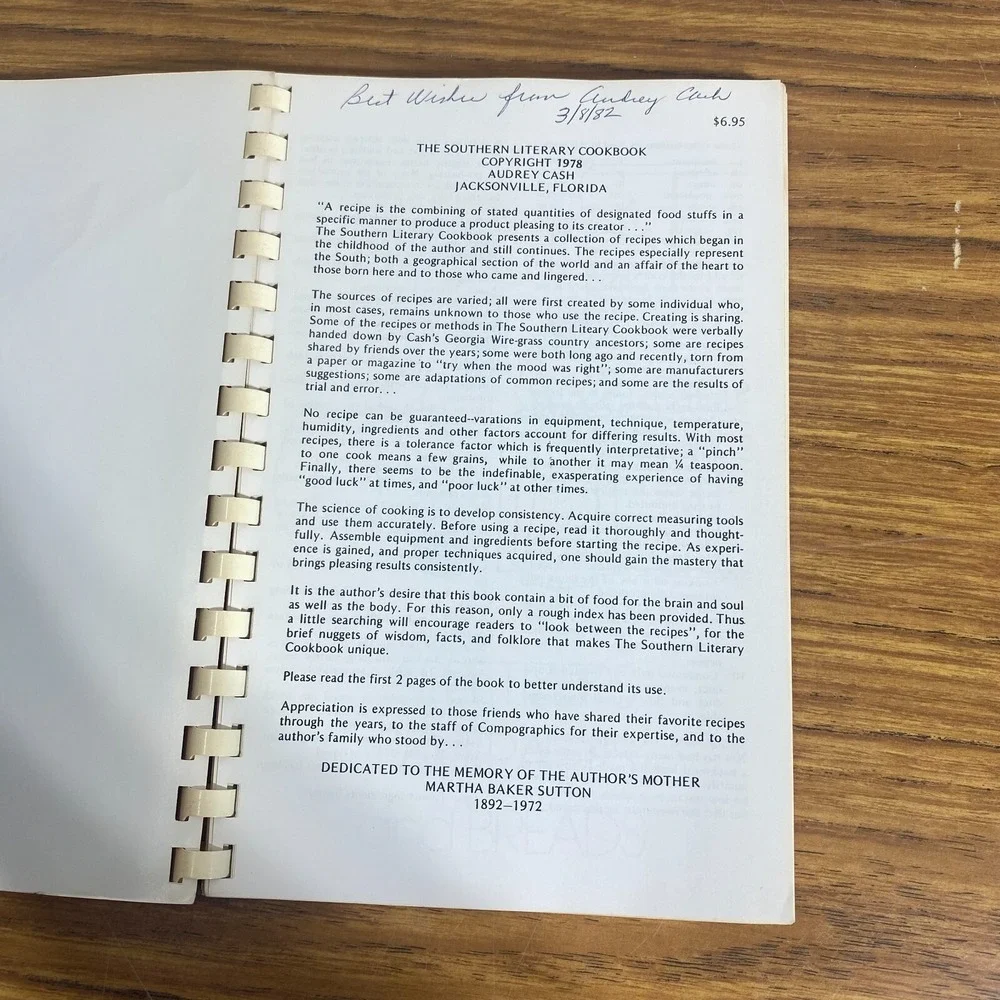 Vintage Southern Literary Cookbook Audrey Cash Jacksonville FL 1978 Ring Bound